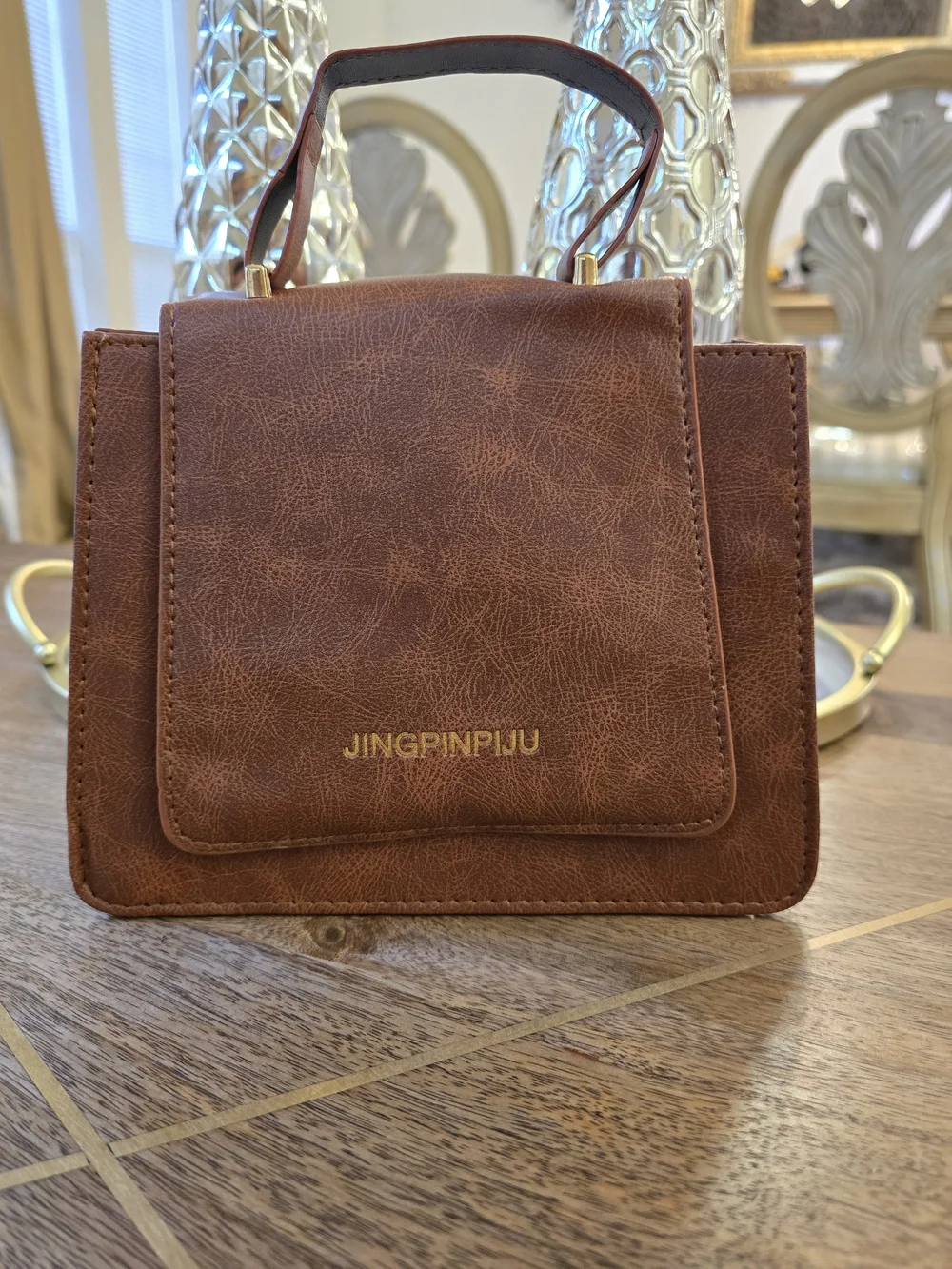 JINGPINPIJU Brown Top-Handle Satchel Bag